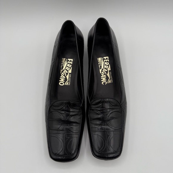 VTG Salvatore Ferragamo Black Leather Embossed Sorbet Nero PebbleSlip On Loafers - Picture 4 of 17
